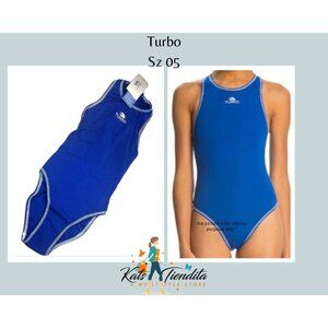 Turbo Comfort Girls Waterpolo Suit Size 05 Blue w/ White Stitching Back Zip NWT
